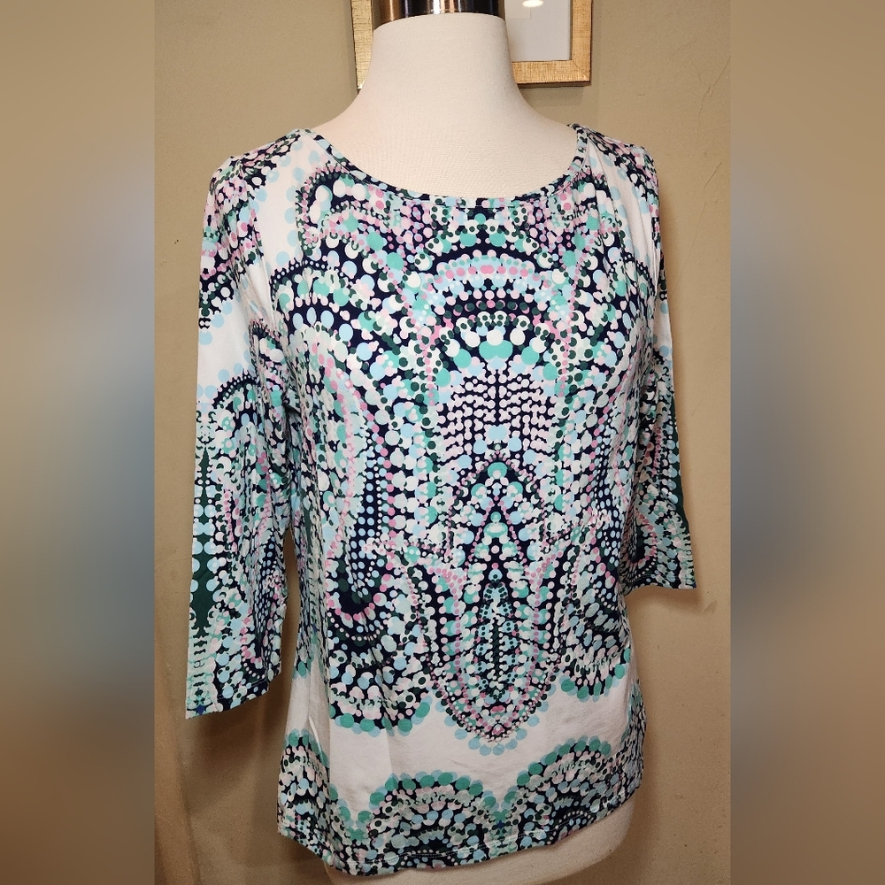 Talbots paisley 3/4 sleeve knit top size Medium petite‎ blue green